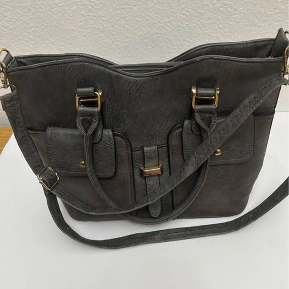 Dark Gray Faux Leather Tote Shoulder Bag with Zip Pocket